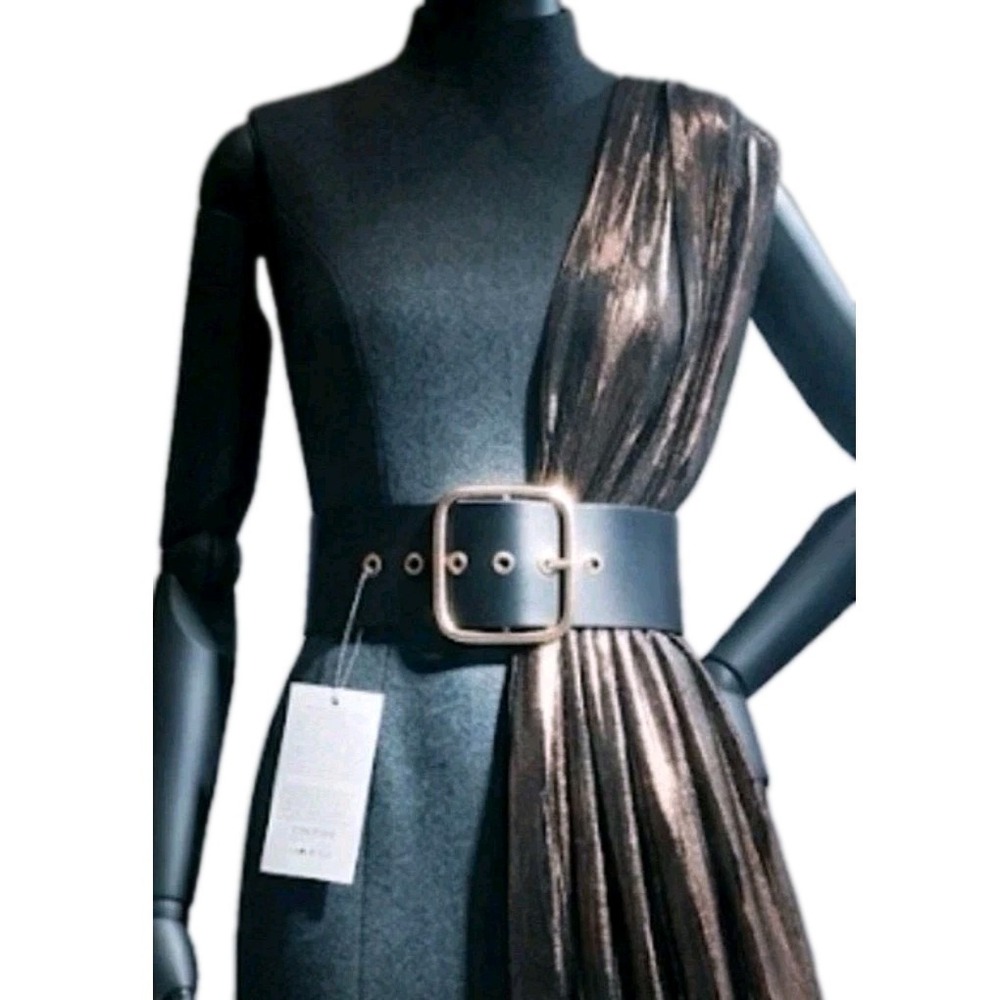 Zara Wide Waist Belt Black Rose Gold Buckle NWT Minimalist Statement Belt L